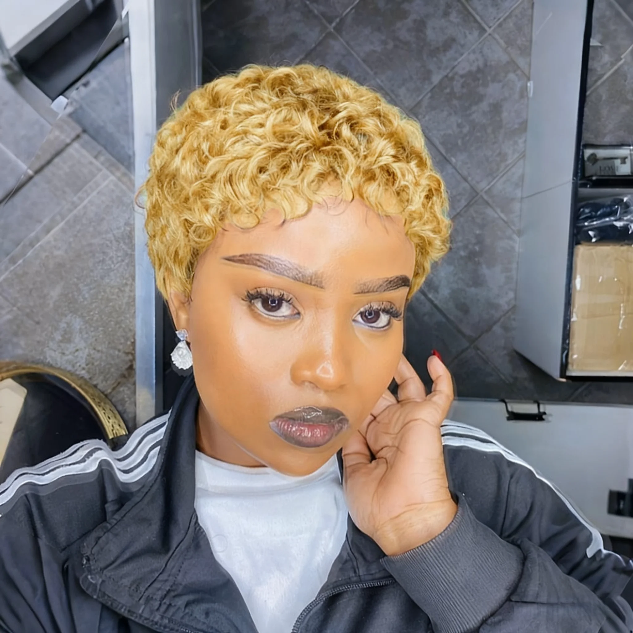 Women's Jerry Curly Wave Pixie Cut Human Hair Wig, Short Style