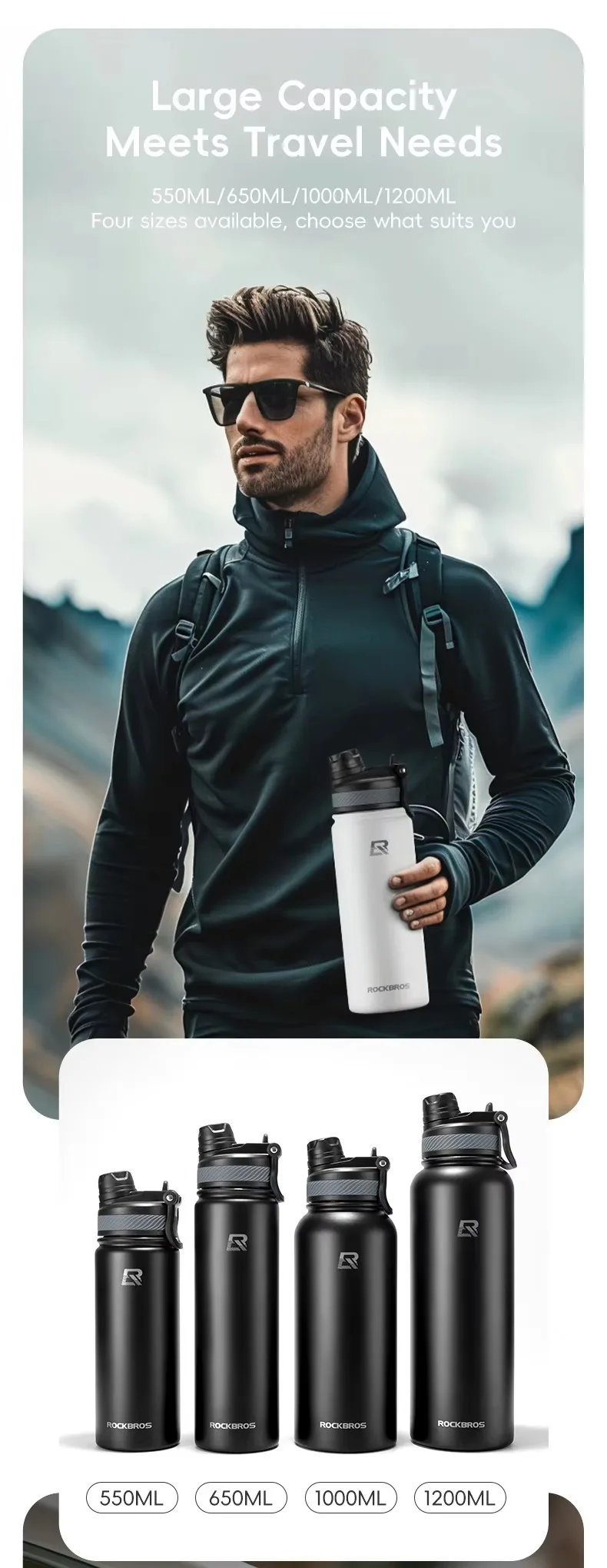 ROCKBROS 1,2L Isolierte Fahrrad-Trinkflasche Sport-Trinkflasche Rutschfest 304 Edelstahl Vakuum Kalt- und Heiß-Thermobecher – Detail 5