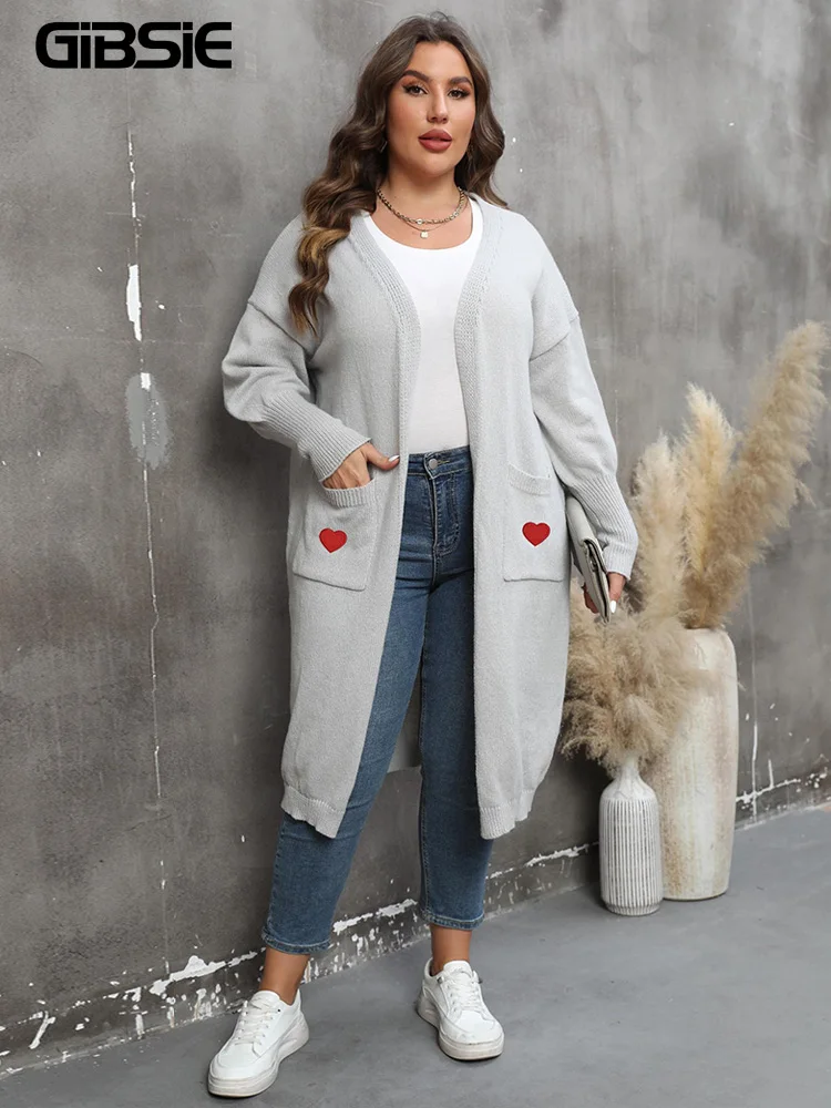 GIBSIE Plus Size Womens Casual Heart Embroidery Long Cardigan Autumn Winter Pocket Long Sleeve Knitted Sweater Coat For Woman