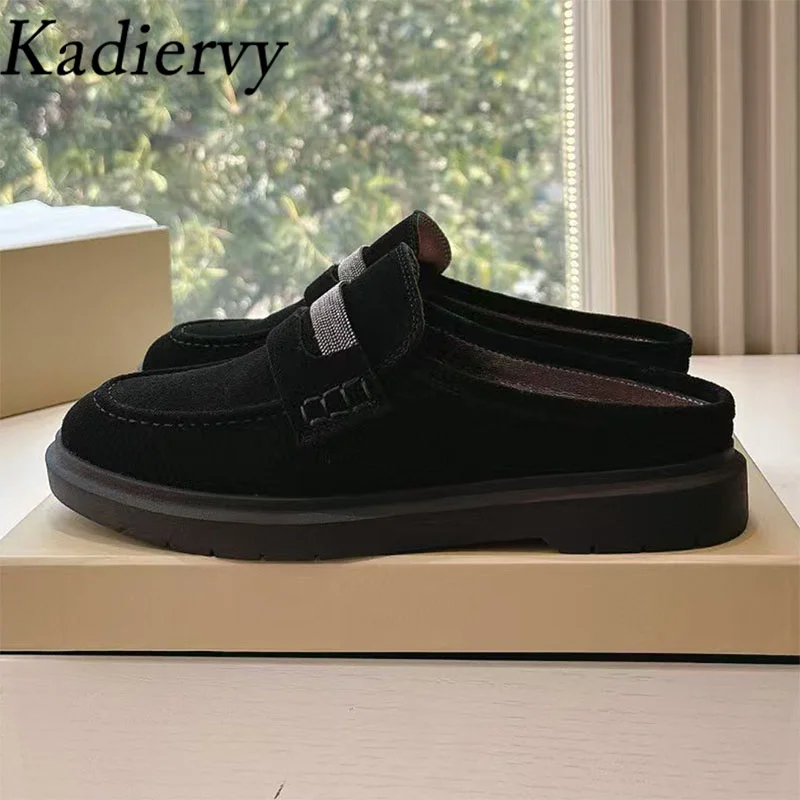 

Cow Suede Flat Slippers Women Chain String Bead Mules Shoes Round Toe Casual Thick Sole Shoes Woman Comfort Slides Woman