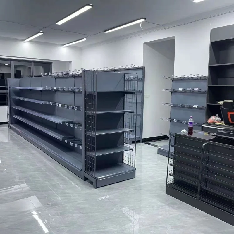 Góndola de almacenamiento de equipo de supermercado personalizado, estante de exhibición de Metal, combinación de estantes de pared de tienda minorista