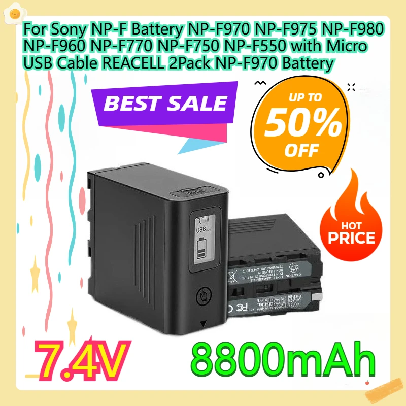 For Sony NP-F Battery NP-F970 NP-F975 NP-F980 NP-F960 NP-F770 NP-F750 NP-F550 with Micro USB Cable REACELL 2Pack NP-F970 Battery