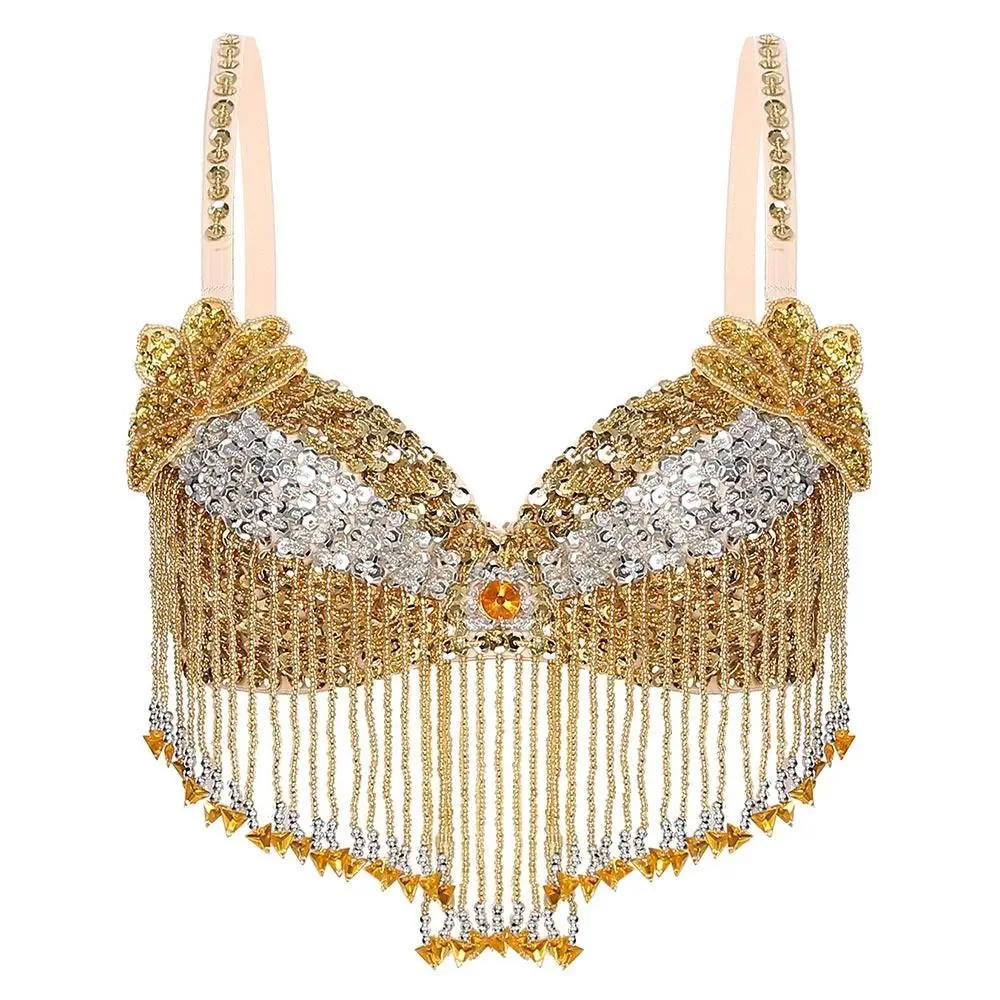 Affascinanti nappe con perline Top di danza del ventre Lucido discoteca Reggiseno con ferretto Cinghie regolabili Reggiseno scintillante da palcoscenico da donna