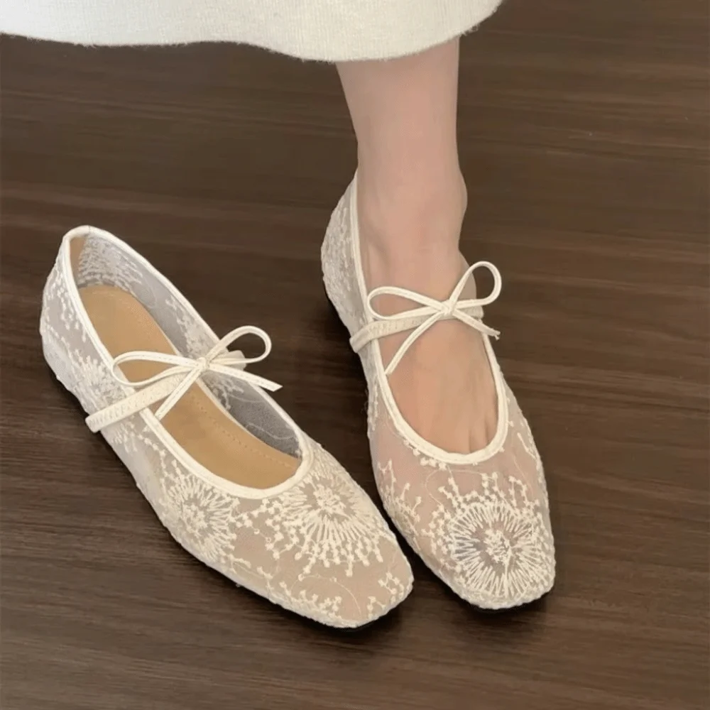 

1 пара элегантных туфель-мэри-джейн с кружевным декором, дышащие, на мягкой подошве, женские туфли без застежек, удобные туфли без застежек для женщин