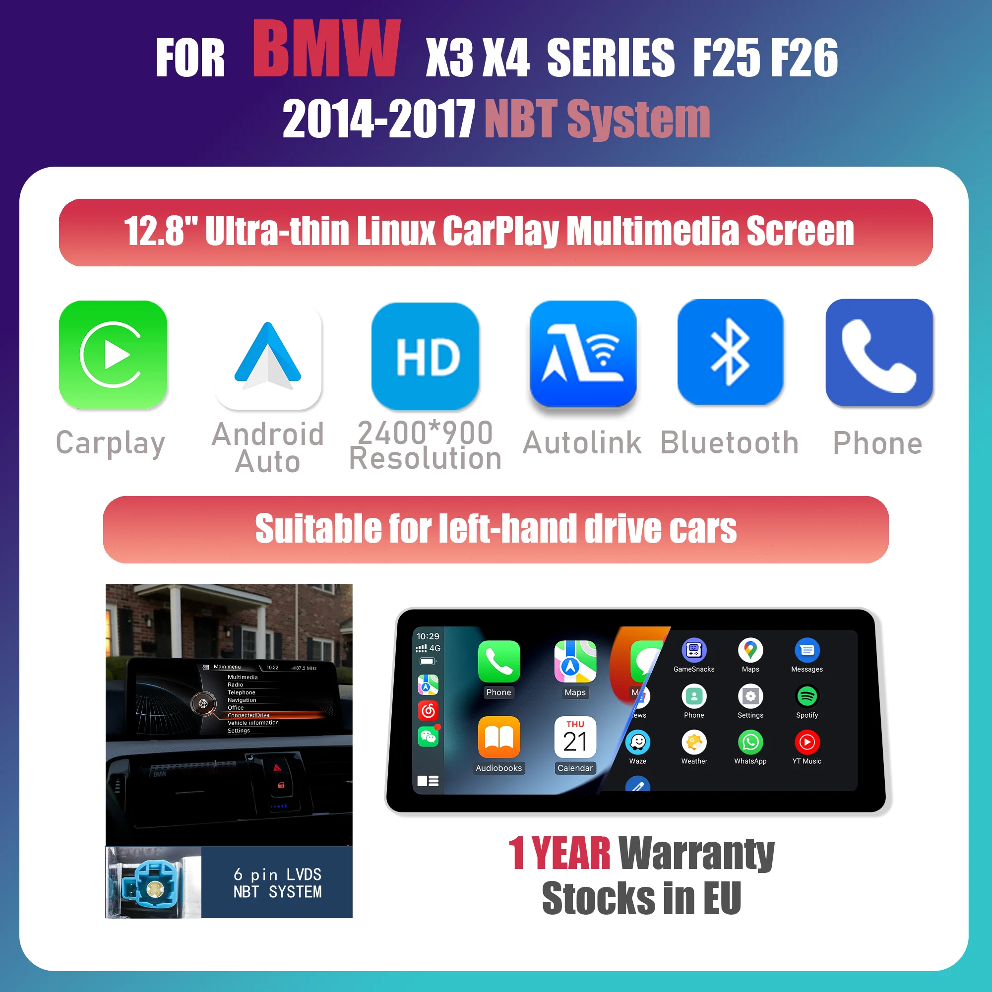 12,8 inch 2400*900P draadloze CarPlay Android Auto autoradio multimediasysteem voor BMW X3 X4 F25 F26 CIC NBT Mirror Link BT GPS stereo
