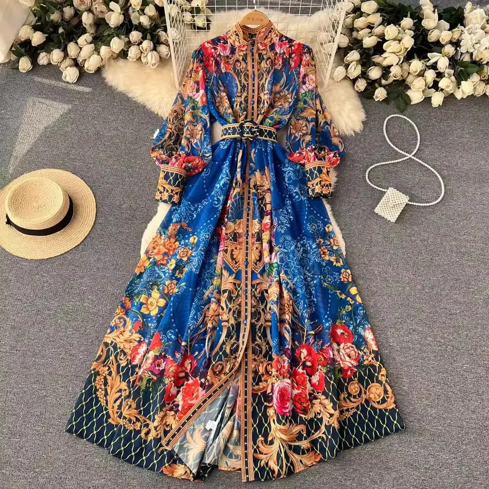 Spring Clothing French Retro Stand Up Collar Bubble Sleeve Printed Dress Women's Ethnic Style Big Swing Long Streetwear Dress