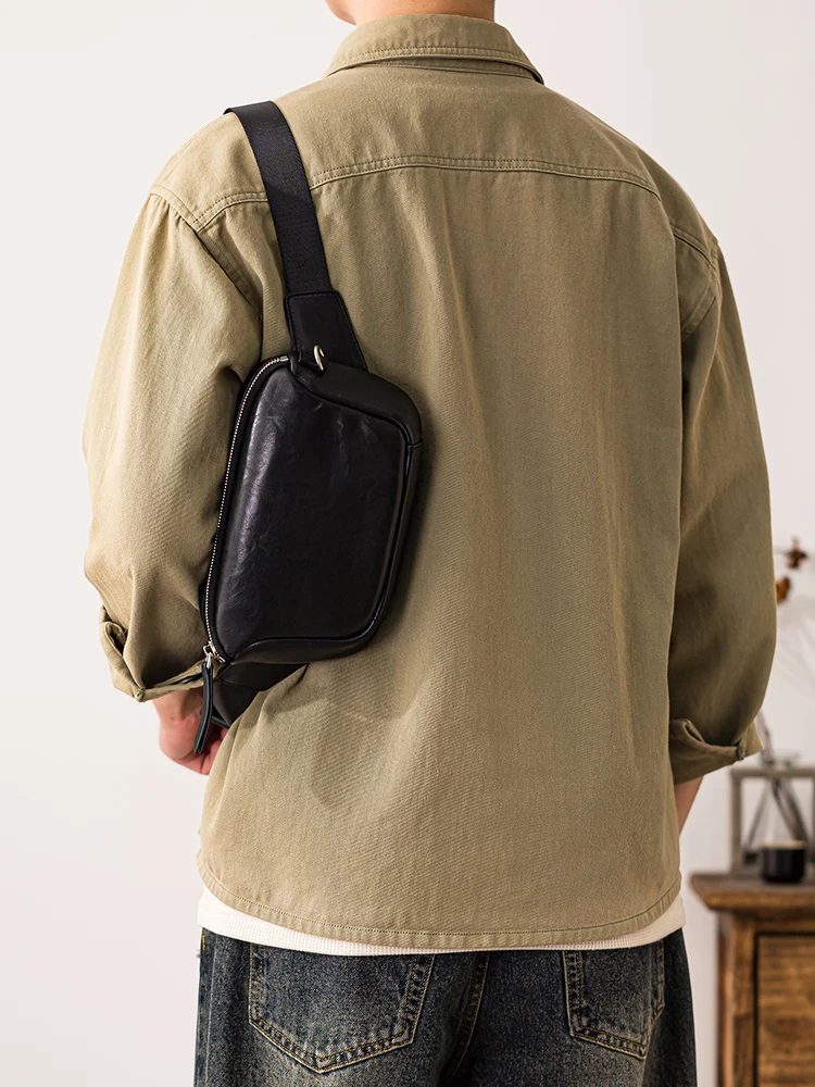 Organizers designers handmade vegetable tanned cowhide men's small chest bag simple casual cow leather sports black chest bag