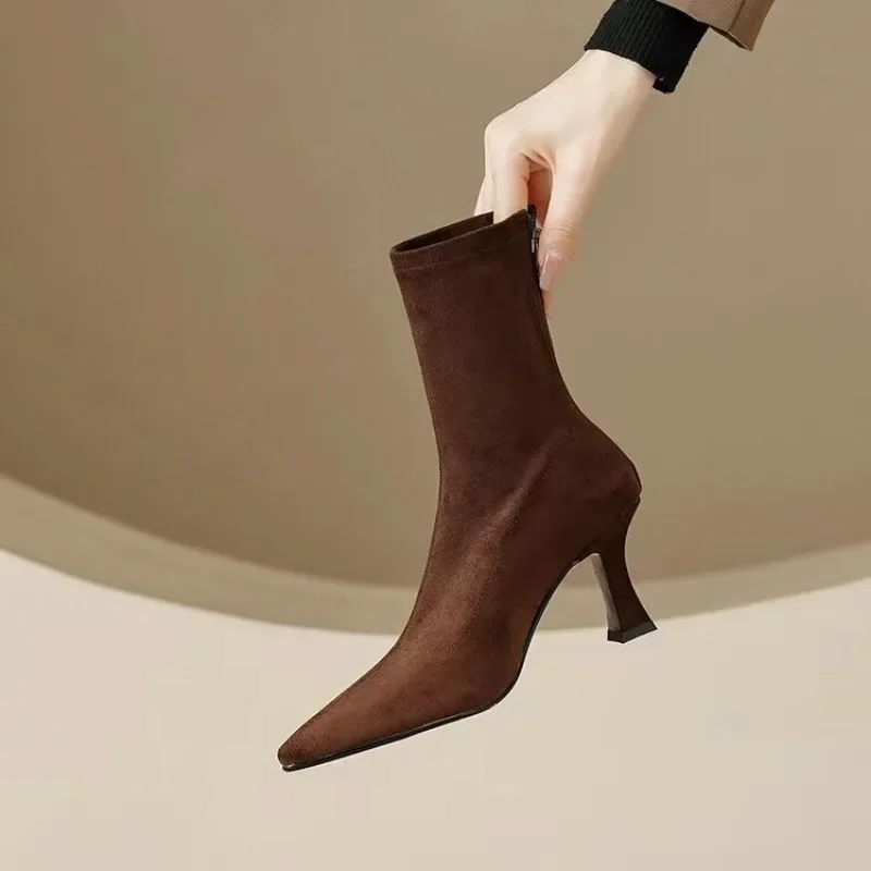 Winter Women Stretch Cloth Ankle Boots Sexy Pointed Toe Short Booties Shoes Fashion Partys High Heel Socks