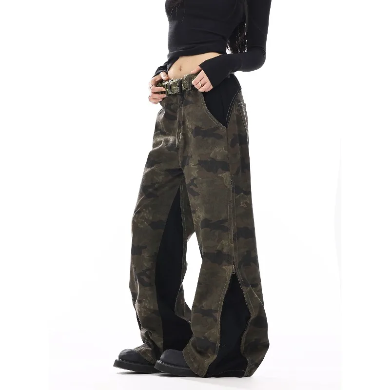 

American street retro patchwork camouflage niche washed loose slim-fitting casual workwear pants