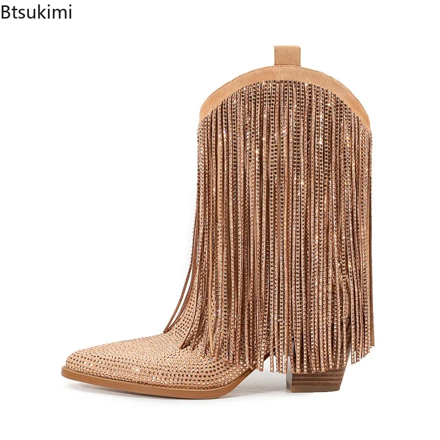 Women's Colorful Rhinestone Embellished Fringe Western Cowgirl Boots Pointed Toe Mid Heel Party Stage Large Size Ladies Booties