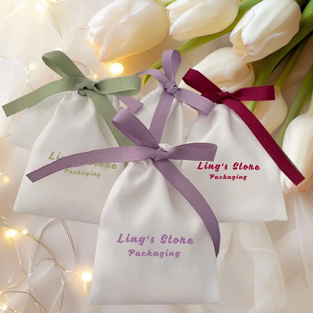 

50Pcs Custom Logo White Flannel Bags With Mint Green Grosgrain For Ring Earrings Pendant Bracelet Studs Organizer Gift Packaging