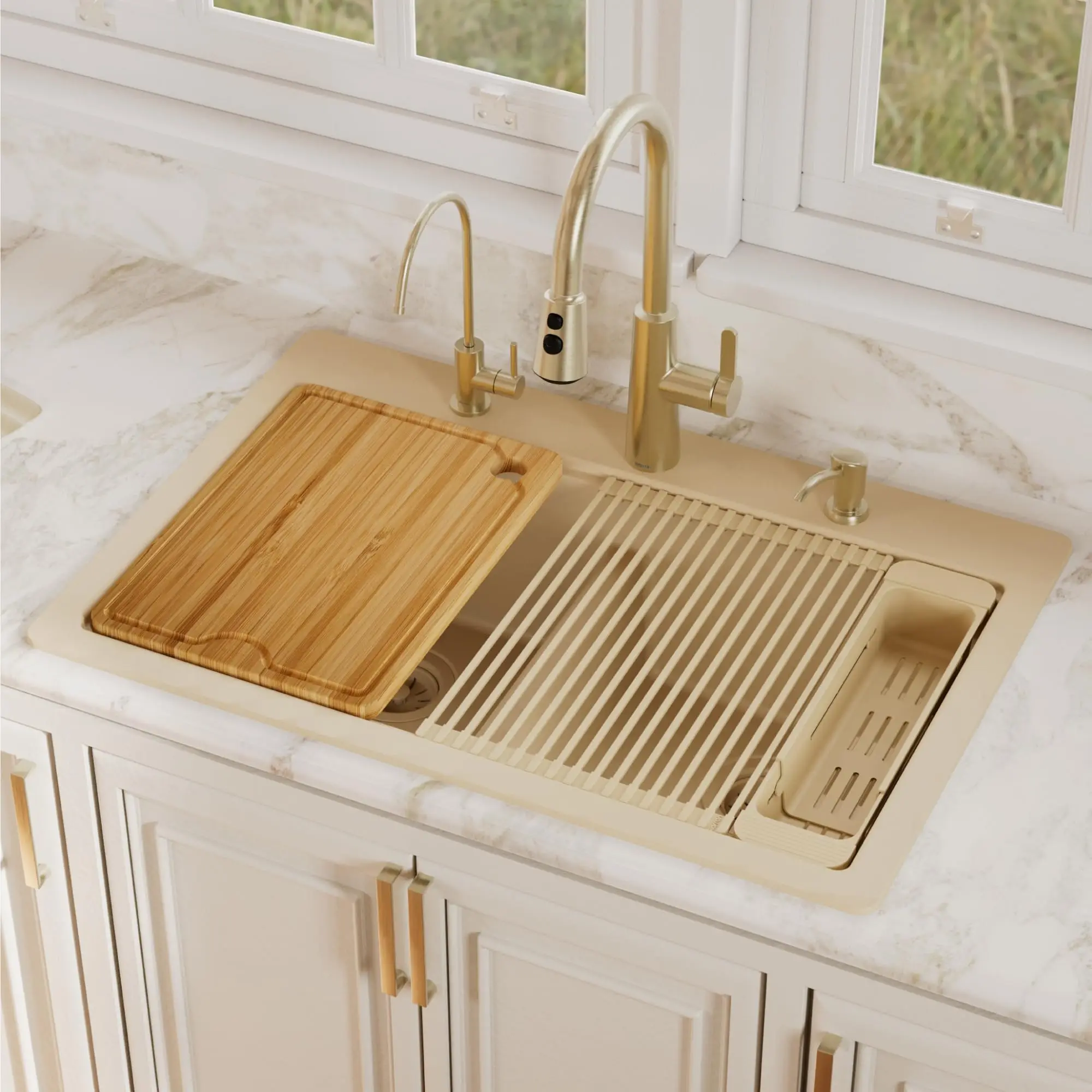33 Inch Top Mount Quartz Composite Workstation Kitchen Sink, Drop-In 50/50 Double Bowl with Color Matched Accessories