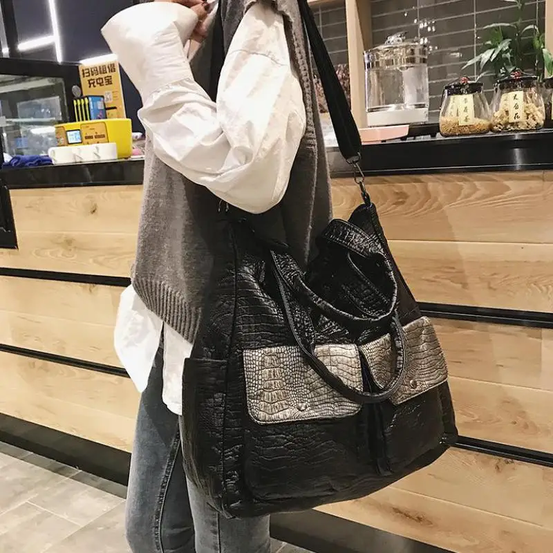 

Vintage PU Women Soft Leather Handbags Big Capacity Crocodile Shoulder Bag Hobo Retro Crossbody Bag Black Large Shopper Tote New