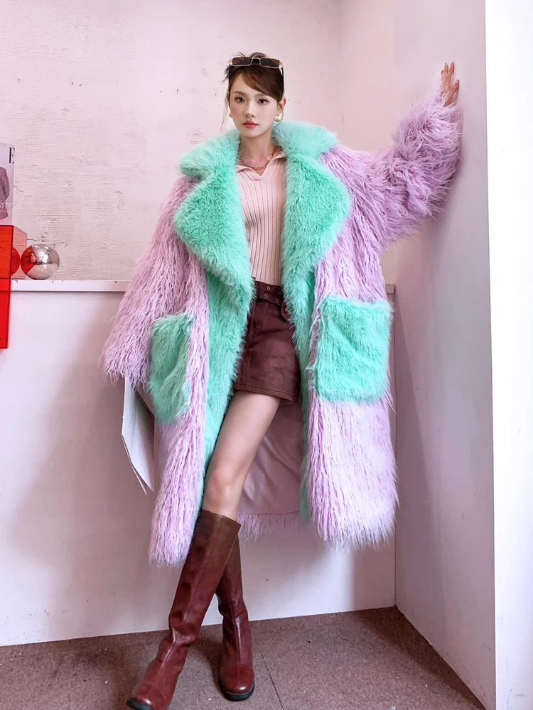 Original Design Female Fashion Pink Faux Fur Coat Lapel Long Jacket Lady Shaggy Outerwear  Women's Winter Coats Promotion