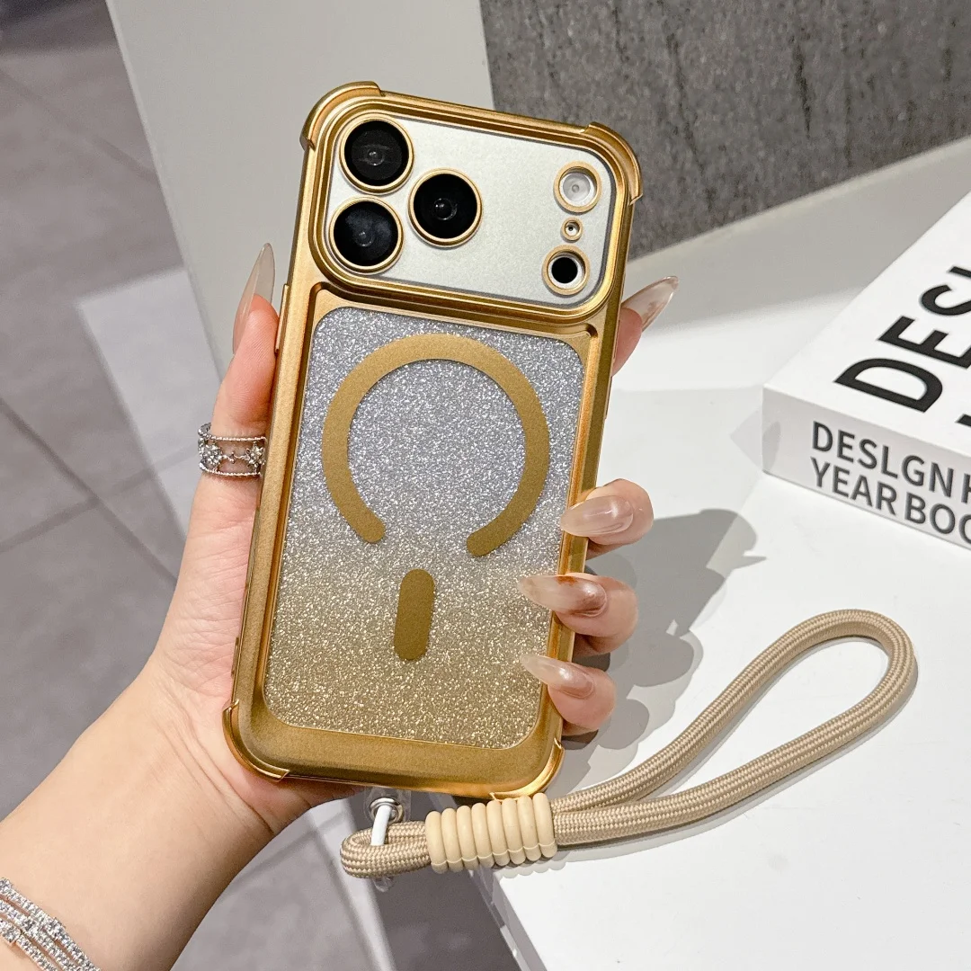Luxuriöses MagSafe-Handgelenkband mit magnetischer Ladefunktion für iPhone 17 Air, 16, 15, 14 Plus, 13, 17 Pro Max – Glitzer-Handyhülle