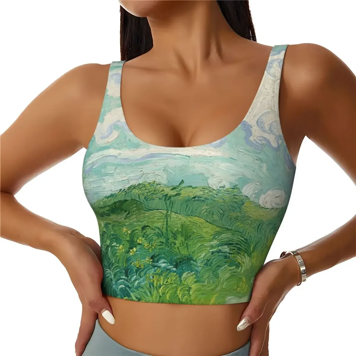 Custom Green Wheat Fields, Auvers, Vincent Van Gogh Women Sports Bras High Impact Vest Gym Workout Yoga Crop Tank Tops