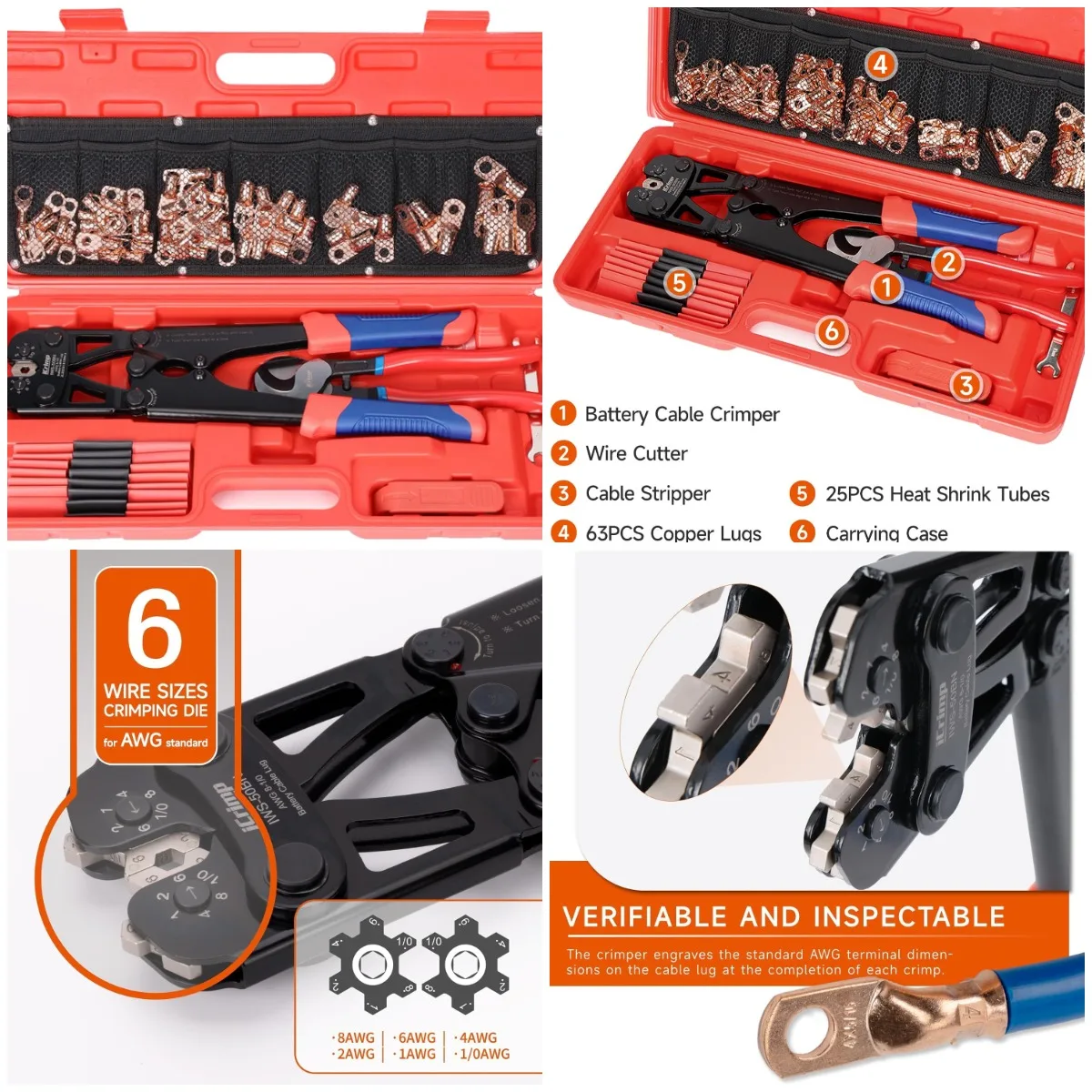 

Battery Cable Lug Crimping Tool Kit, 8 AWG to 1/0 AWG, 63pcs Copper Lugs, 25pcs Heat Shrink Tubes, Wire Cutter & Stripper