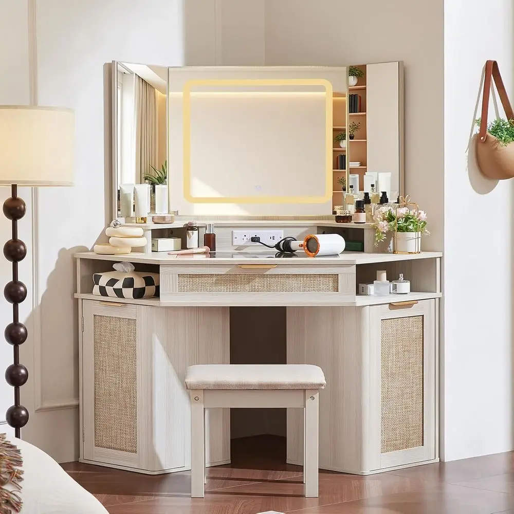 3-Way Mirror Vanity Set with Stool, 46'' Rattan Makeup Desk, Boho White Storage Cabinet for Bedroom