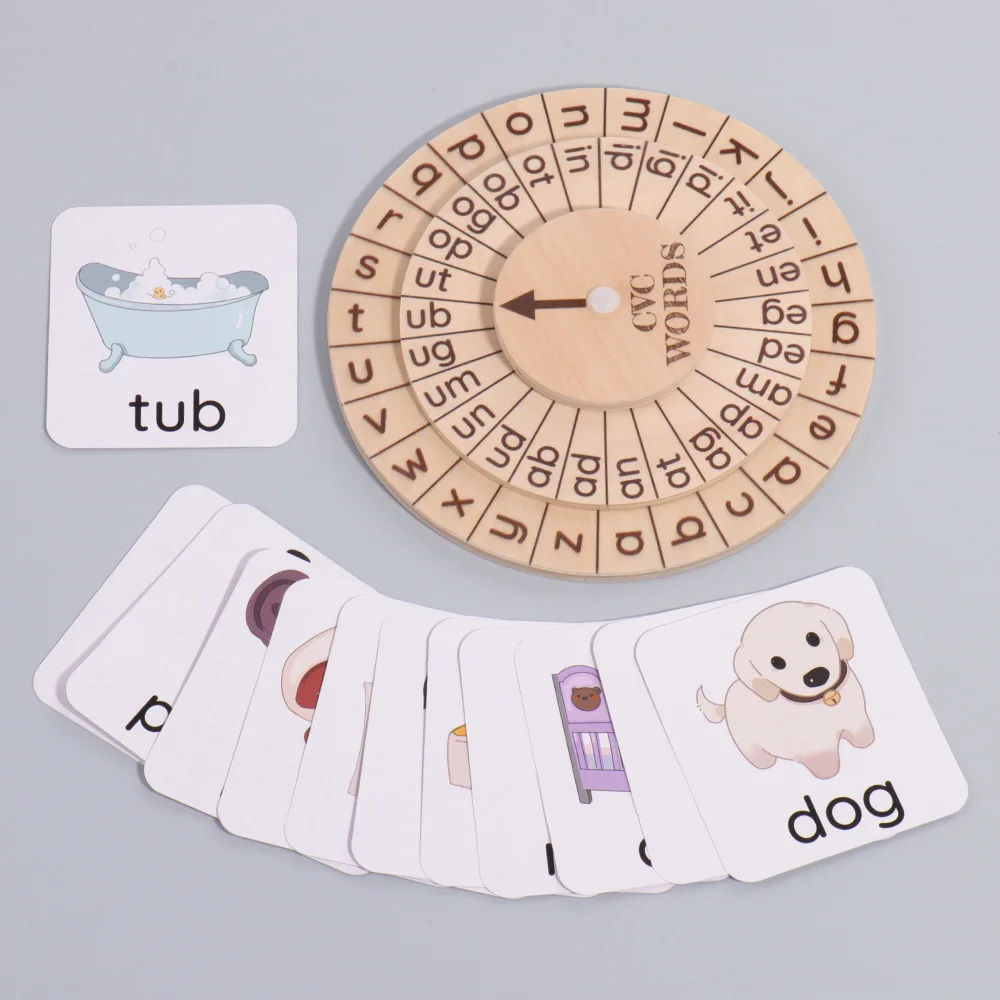 Wooden CVC Word Spelling Games Preschool Learning Activities Turning Rotating Wheel Board Montessori Educational Toys Gifts