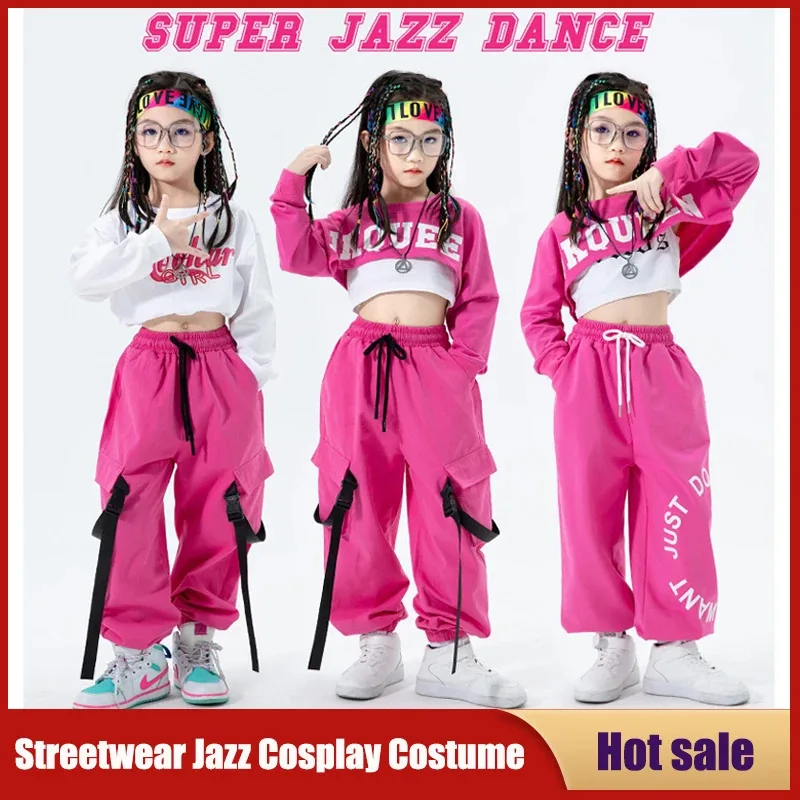 

Girls Jazz Dance Costumes Kid Hip Hop Fashion Streetwear Crop Top Pink Cargo Pants Ballroom Performance Stage Navel Clothing