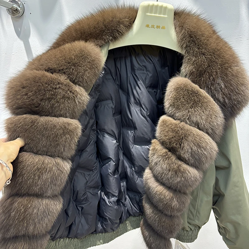2023 neue Ankunft Frauen Abnehmbare Abnehmbare Große Echt Fox Pelz Kragen Parka Warme Gans Unten Jacke Lose Oversize Parka Mäntel