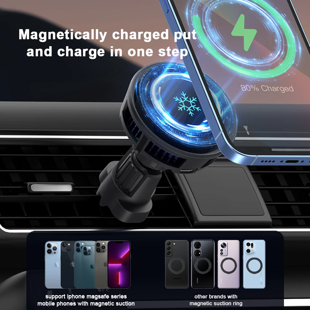 Magnetic Car Wireless Charger Cooling Car Phone Holder Mount for iPhone 15 14 13 12 Pro Max Mini Macsafe Fast Car Charging Stand