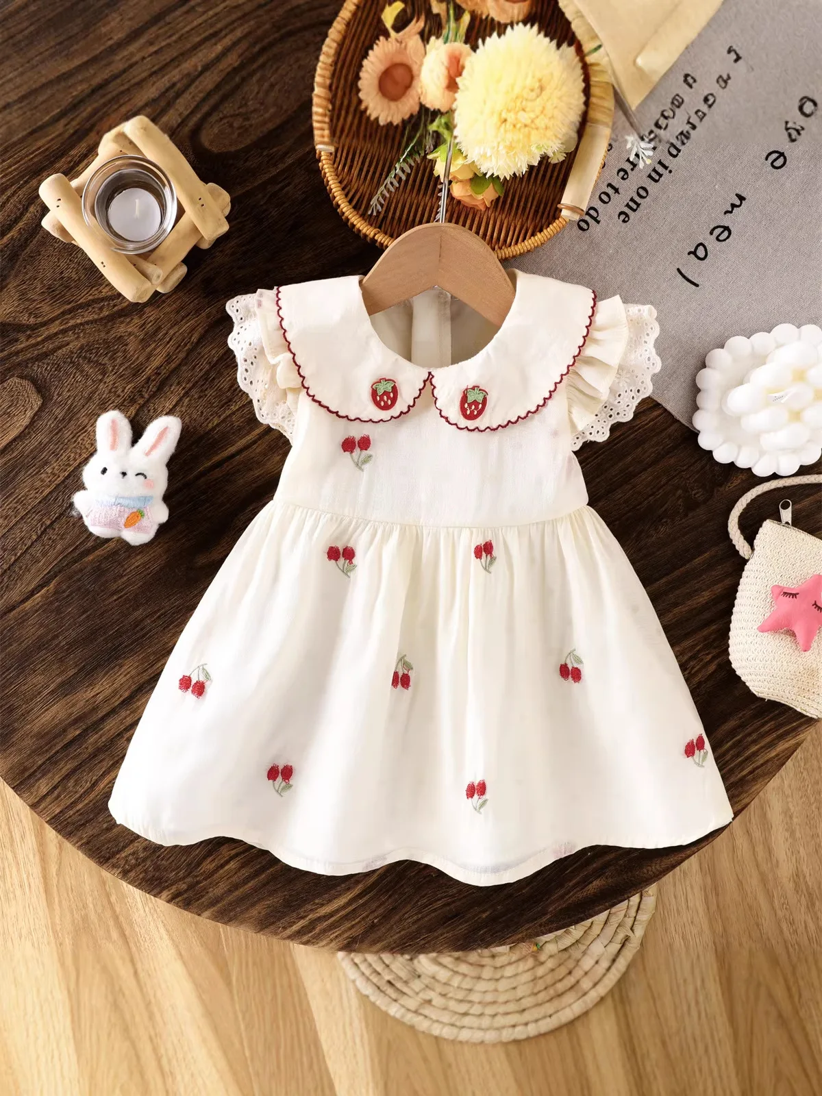 1-5Y Summer Pastorale Style Girls Dress Cherry Strawberry Embroidery Lace Peter Pan Collar Dress Soft Kids Clothes Daily