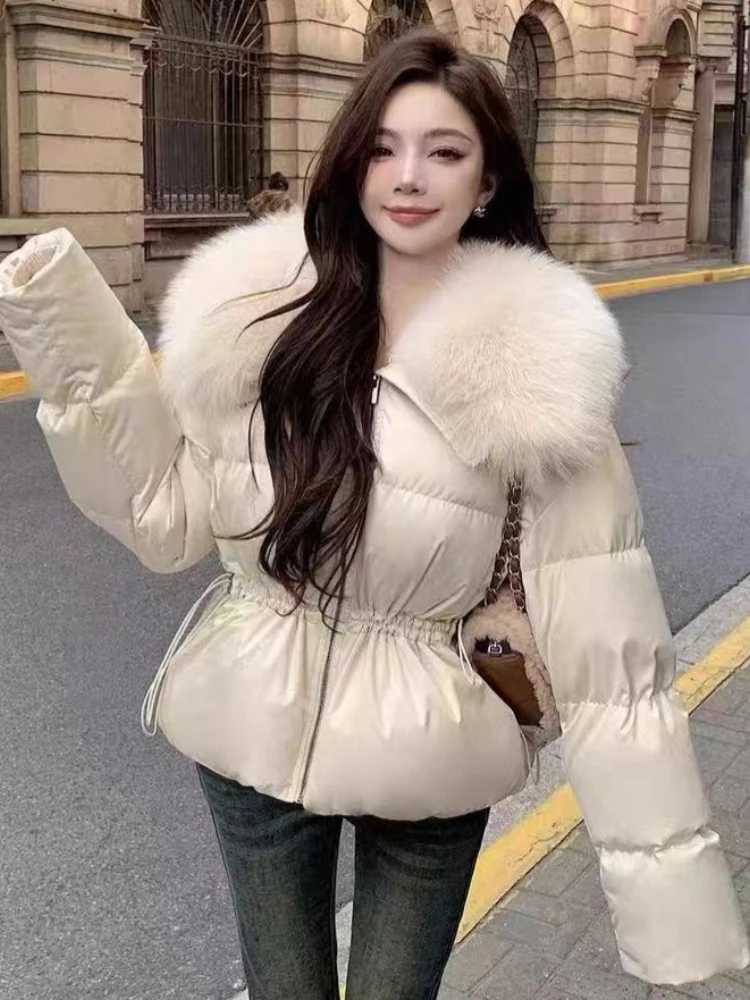 سترة كبيرة من فراء الثعلب مع طية صدر السترة سترات كورية ضيقة للنساء موضة شتوية أنيقة سميكة دافئة 90% معطف منتفخ على شكل بطة بيضاء ملابس خارجية #1