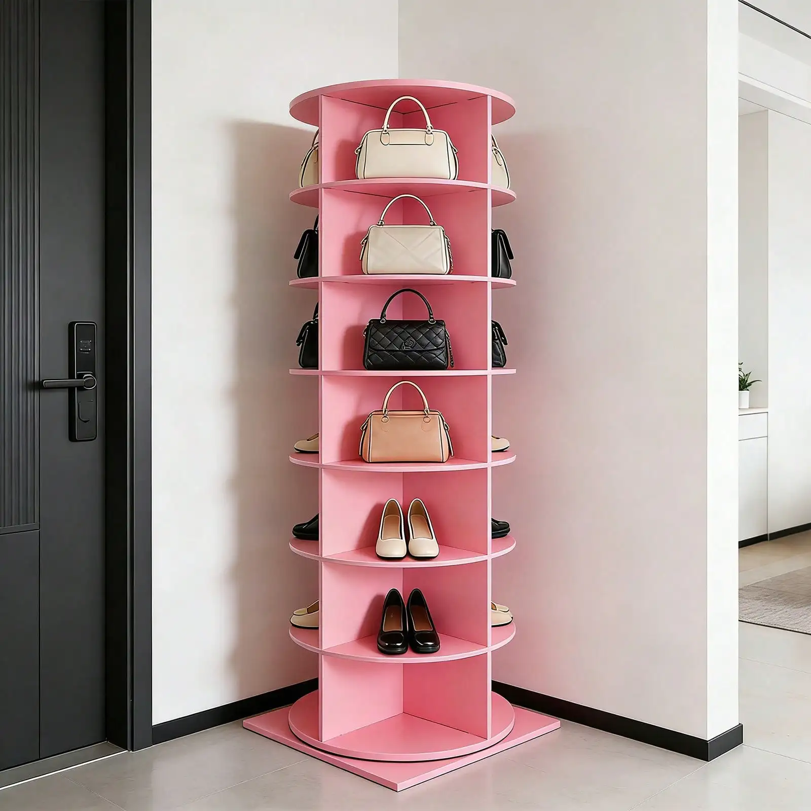 28-Pair Rotating Shoe Rack - 7-Tier, Pink, 360° Rotation, 77lbs Capacity, 23.6