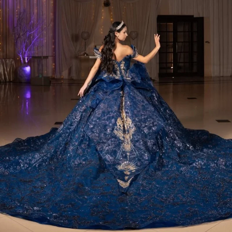 Robe De Quinceanera bleu foncé brillant, décalcomanies à paillettes De cristal, épaules dénudées, superposition longue queue, robes De 15 Quinceanera ﻿ Personnaliser
