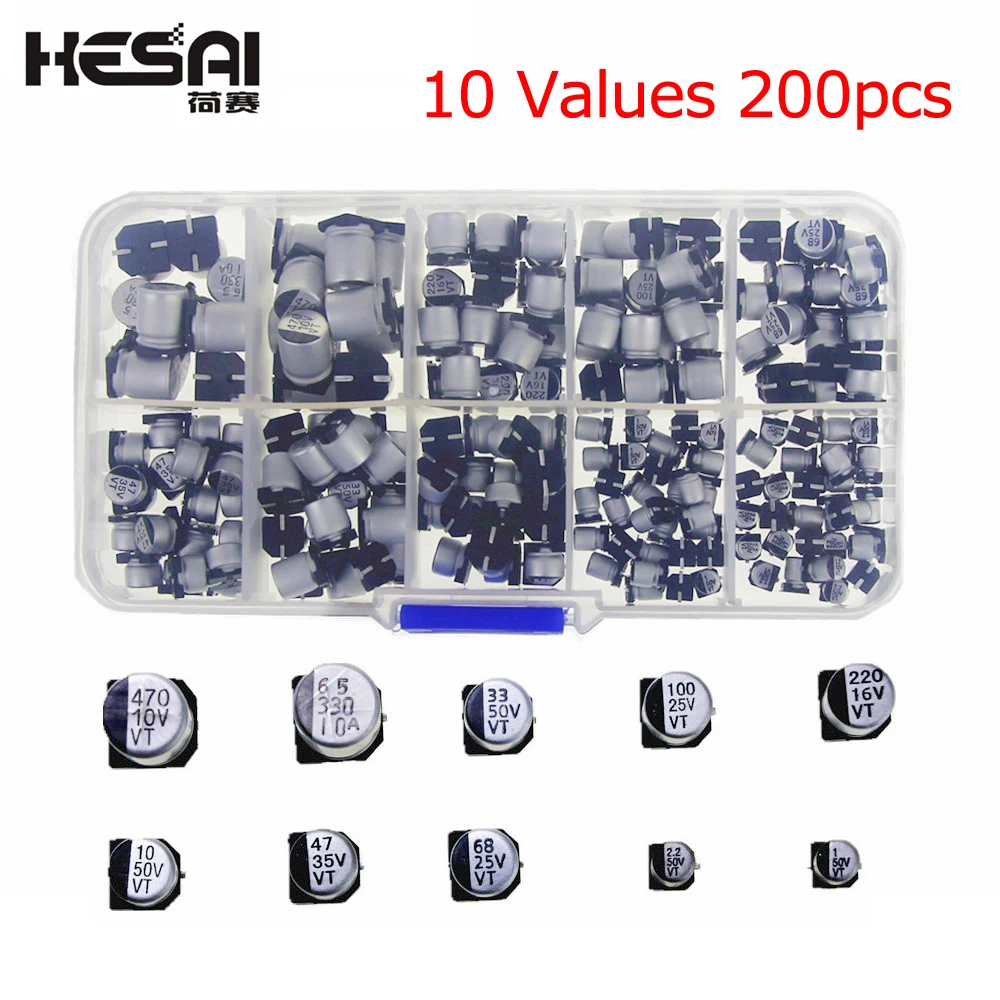 10 Values 200pcs SMD Electrolytic Capacitor Assorted Kit 10V~50V 1uF~470uF with Storage Box