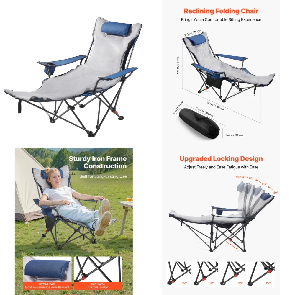 

camping chairPortable Reclining Camping Chair with Footrest and Cushion for Outdoor Beach Travel Hiking Blue Lightweight