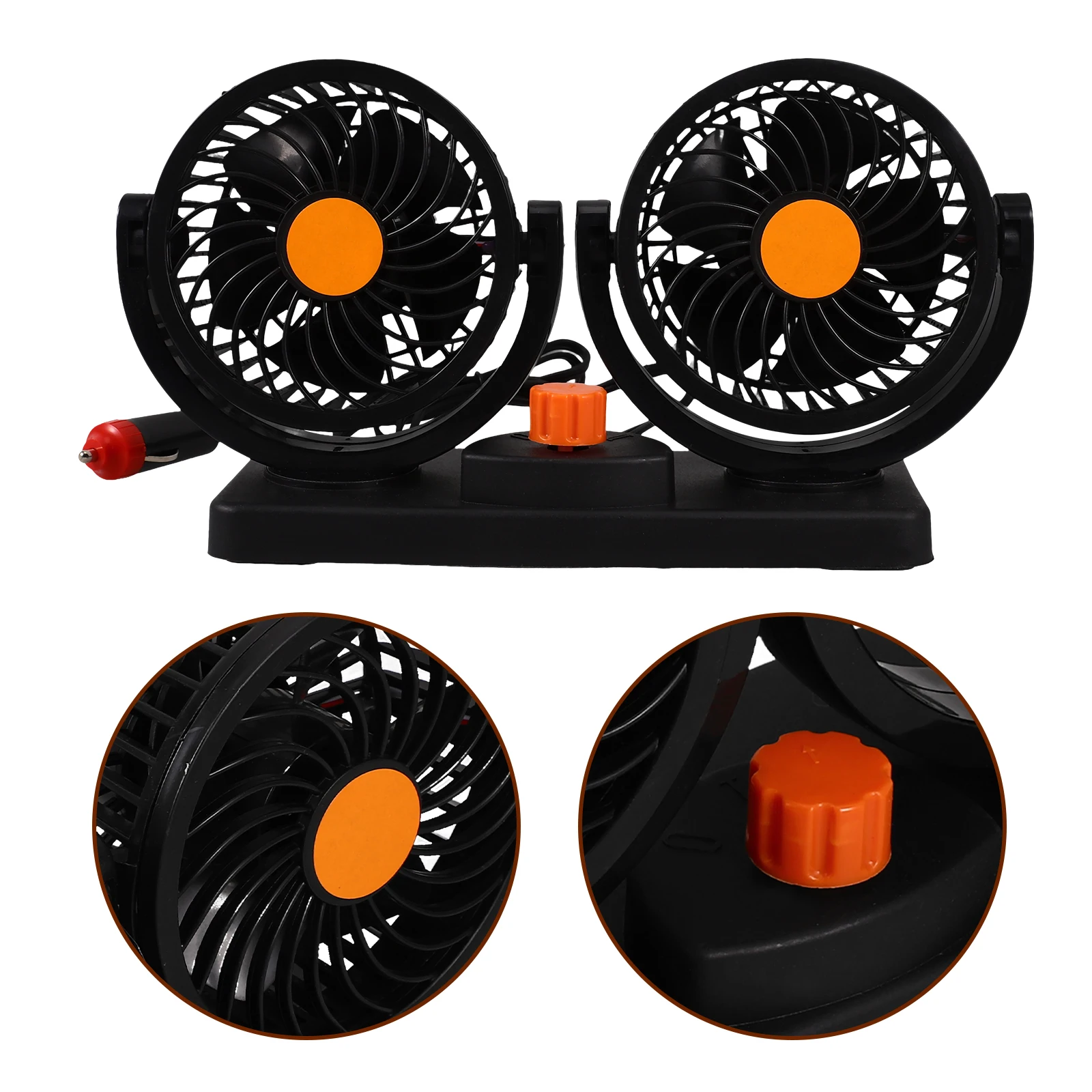 

Dual Head Cooling 360 Degree Rotating 12V Fan Low Noise Adjustable Speeds Strong Wind Air Circulation Odor