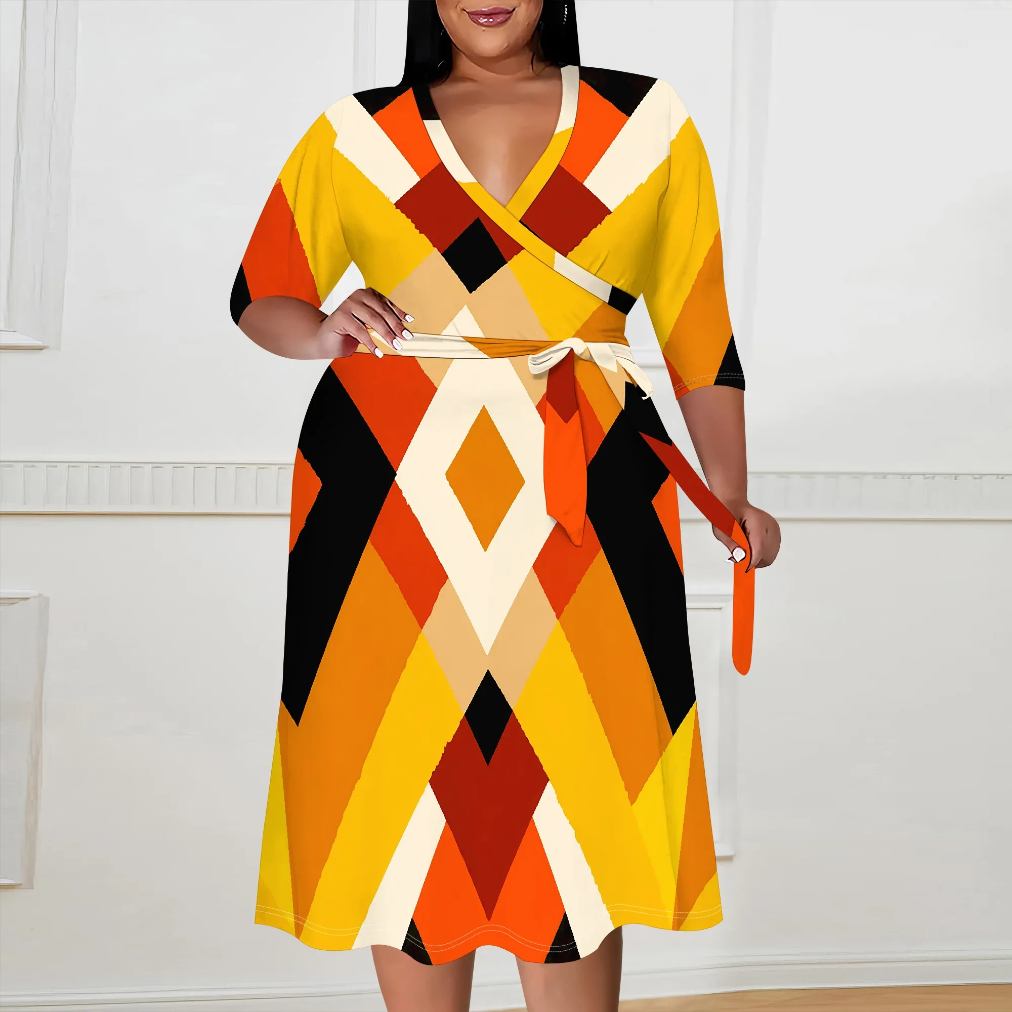 

Geometric V-Neck Women's Midi Dress - Bold Colorful Pattern with Belt, Perfect for Spring & Summer, XL-6XL