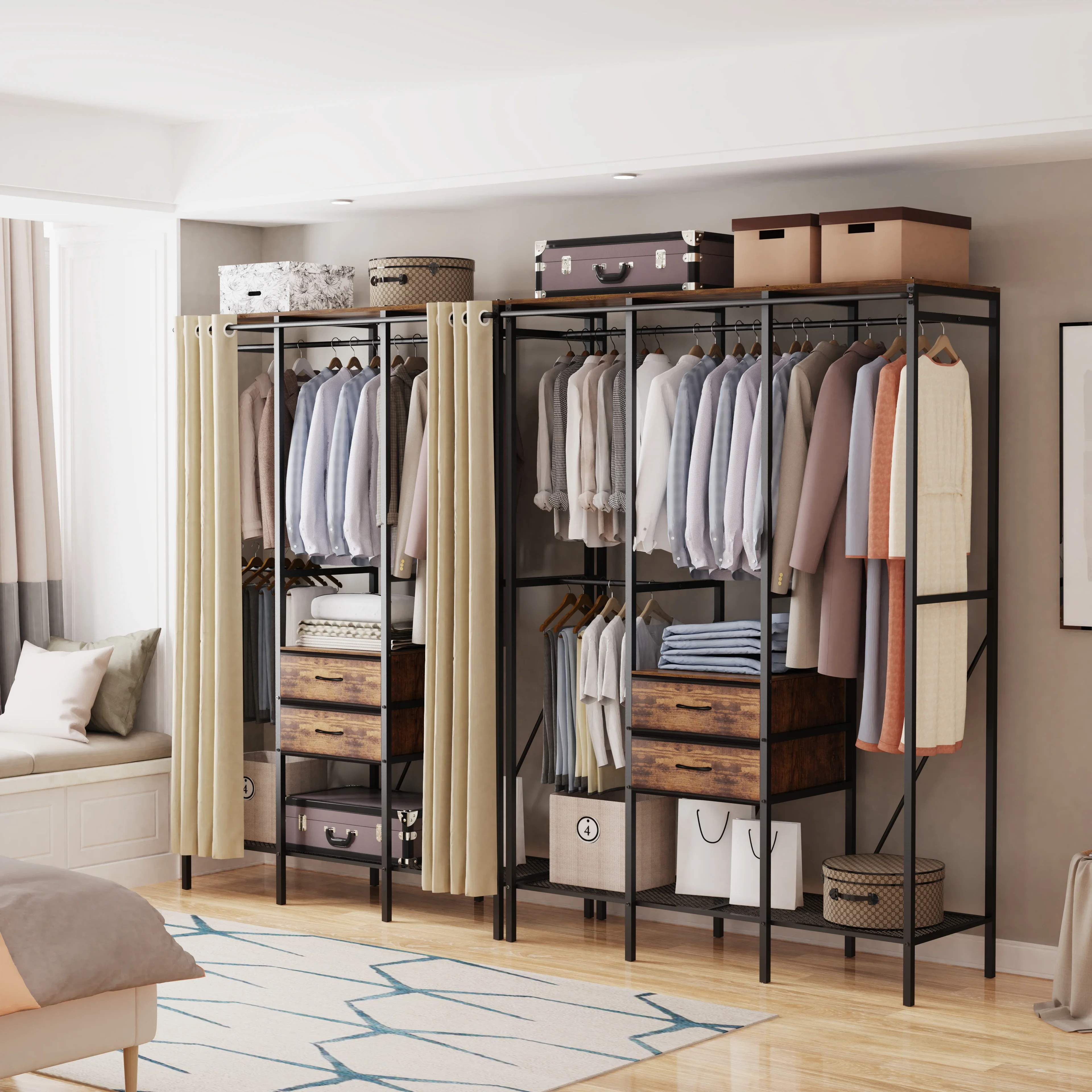 

Customizable Armoire à vêtements ouverte avec 2 étagères MELand, grand manteau industriel, support T1
