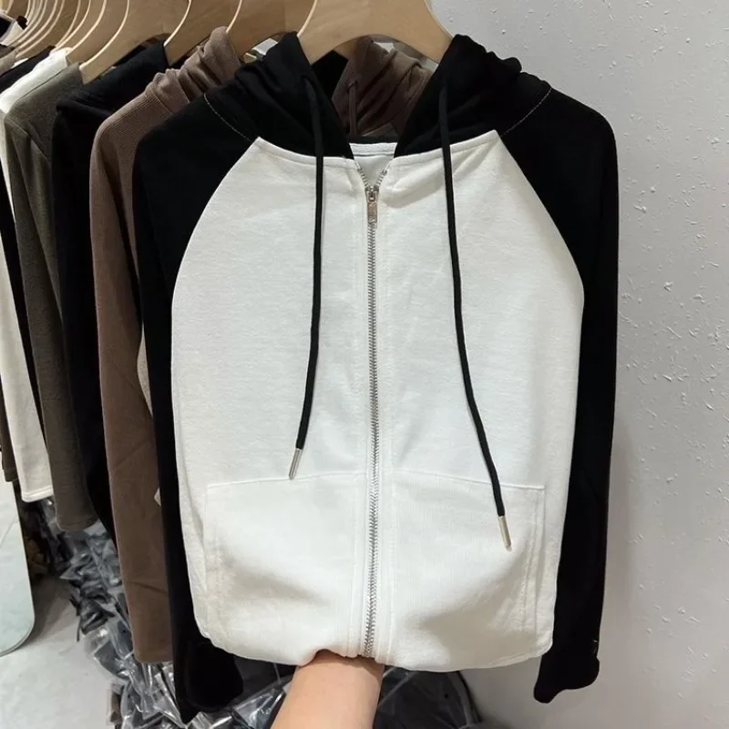 Hoodies Women Soft Simple Harajuku Hooded Trendy High Street Long Sleeve Spring Simple Vintage Patchwork Female New Korean Style
