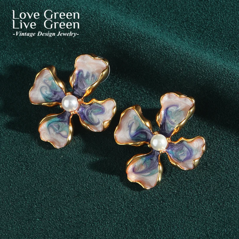 

Vintage Jewelry Pearl Clover Earrings 4 Leafs Flower Studs Gold Color Luxury Designer Woman Accessories Valentine Day Gift