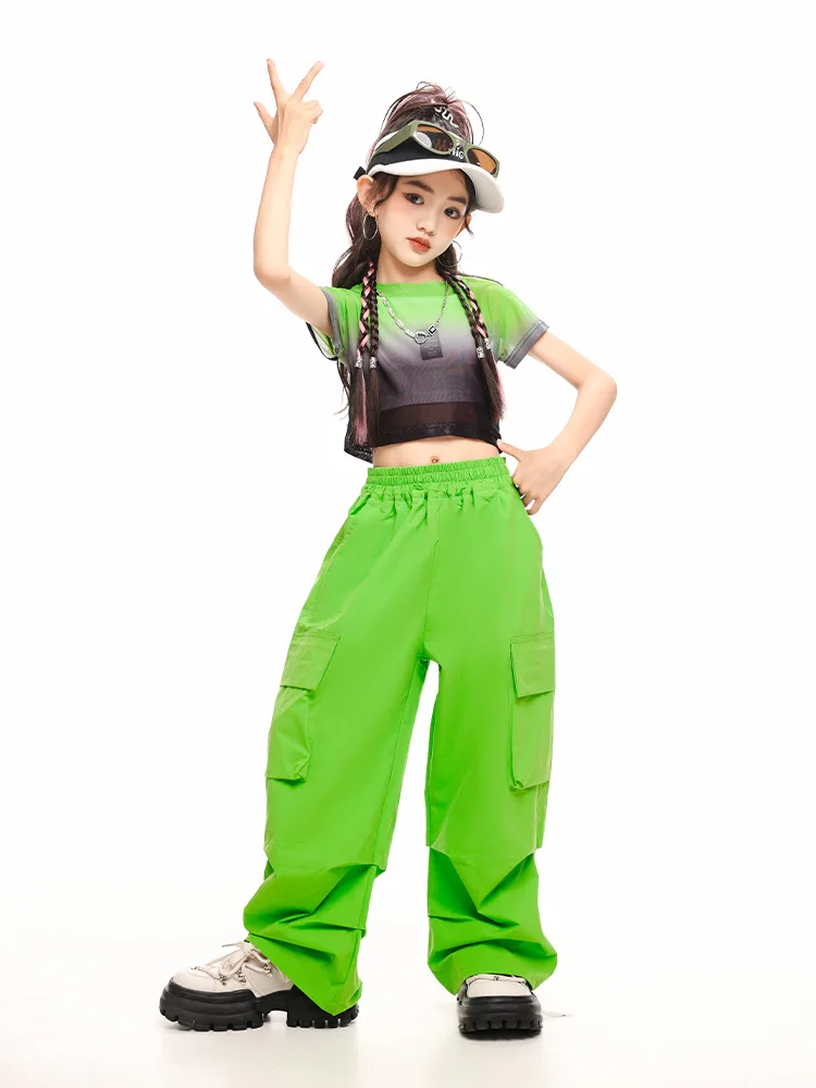 Kinderen Cool Hiphop Semi-Transparante Mesh Crop Top T-Shirt Groen Casual Cargobroek Met Ruches Voor Meisjes Jazz Dans Kostuum Kleding