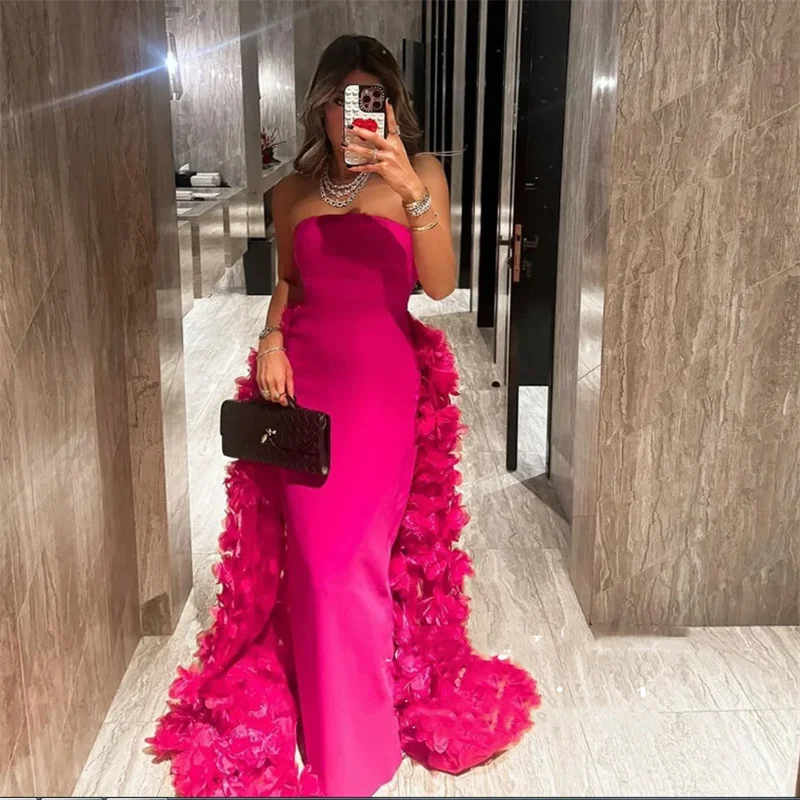Fuchsia Flower Train Evening Dress
