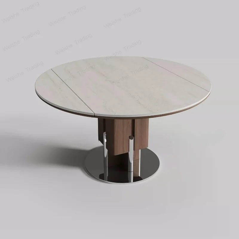 

Travertine rock slab solid wood retractable dining table household variable round table foldable dining table