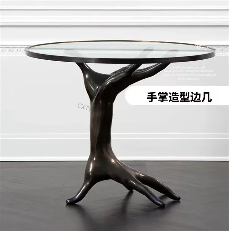 

Art light luxury fiberglass palm edge few tempered glass beauty legs living room coffee table model house designer furniture