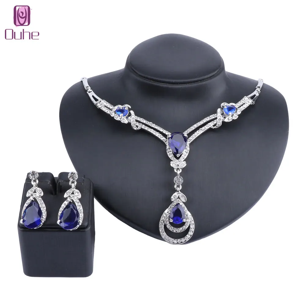 Women Cubic Zirconia Gold Color Austrian Crystal Water Drop Necklace Earring Jewelry Set Fit with Wedding Dress