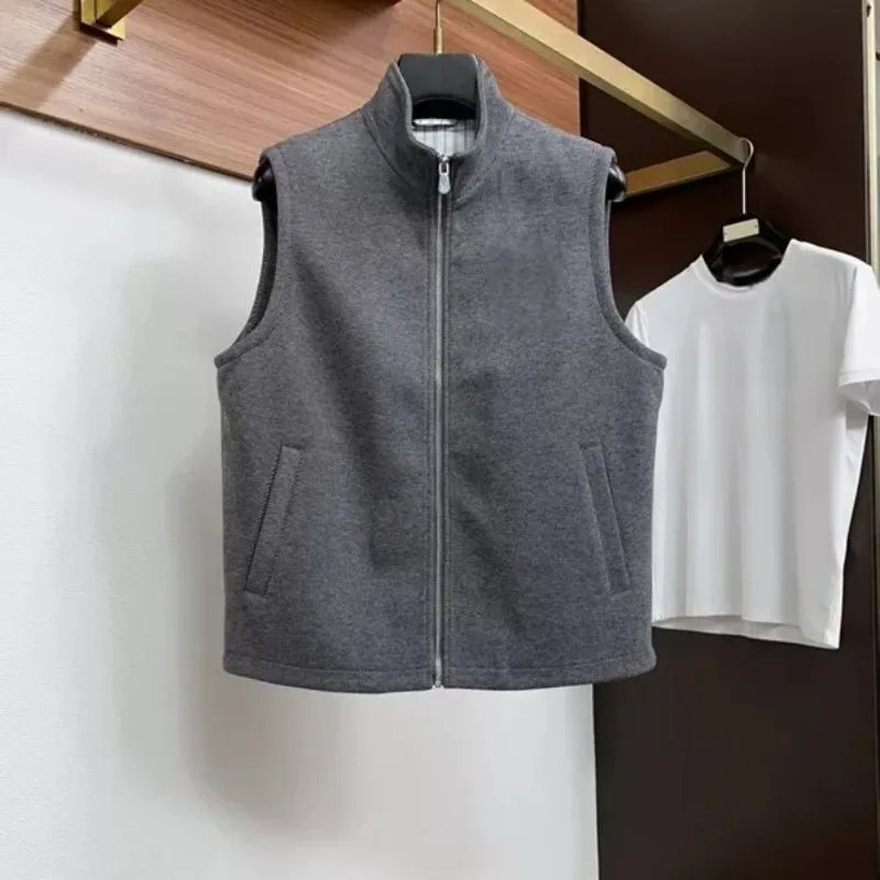 Italian Light Luxury Old Money Style Men 26AW New Stand Collar Wool Blend Embroidered Sleeveless Gilet Vest Outerwear