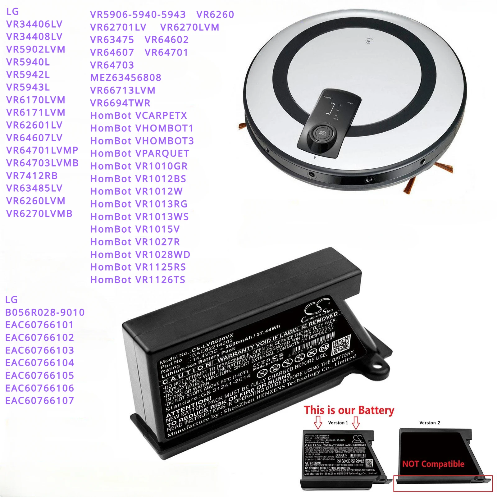 

Аккумулятор вакуумный 2600 мАч для LG VR5906,VR6171LVM,VR6260,VR62701LV,VR6270LVM,VR63475,VR64602,VR64607,VR64701,VR64703