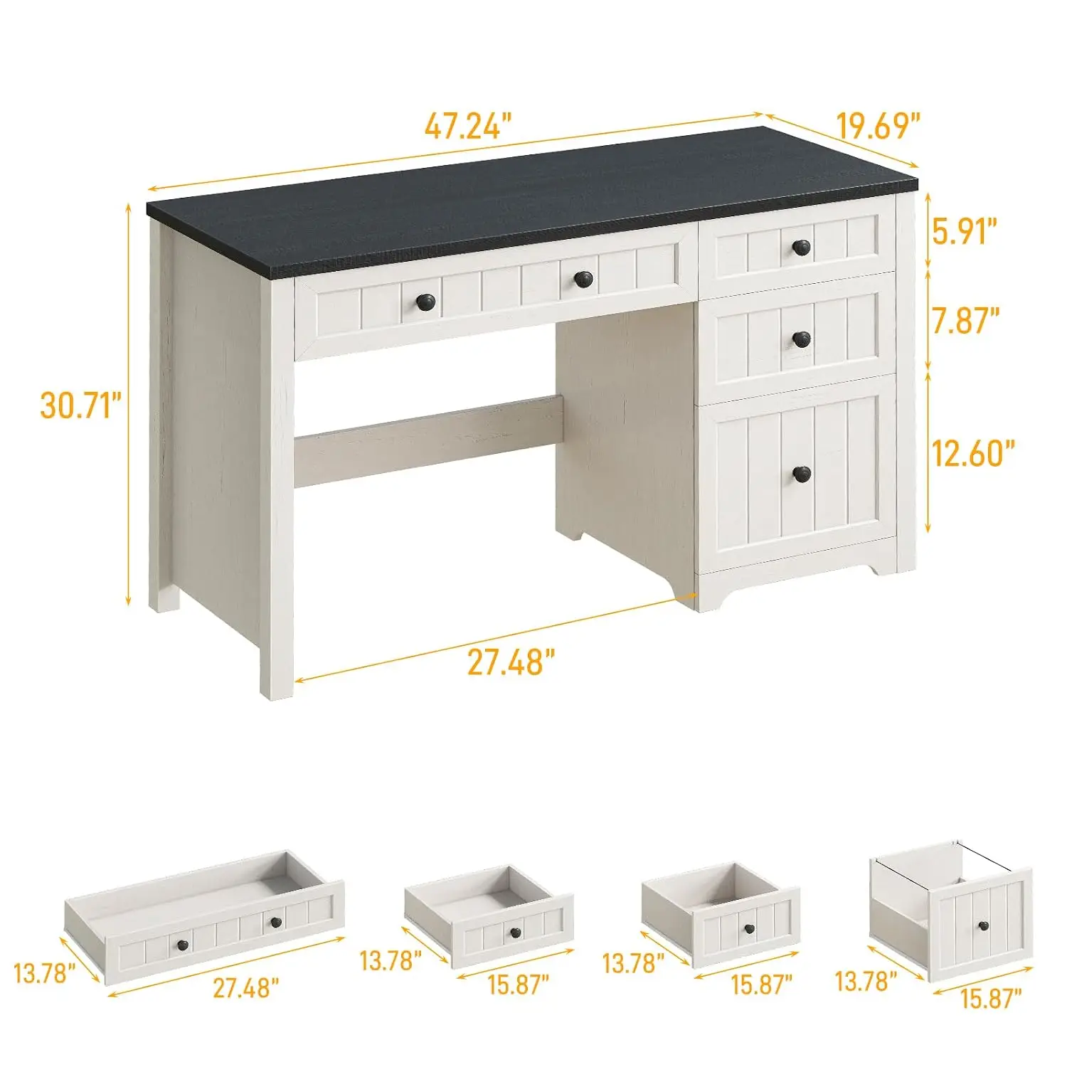 Farmhouse Executive Desk 4 Drawers File Storage Wood Computer Desk Home Office Work Study Writing Black White, Customized