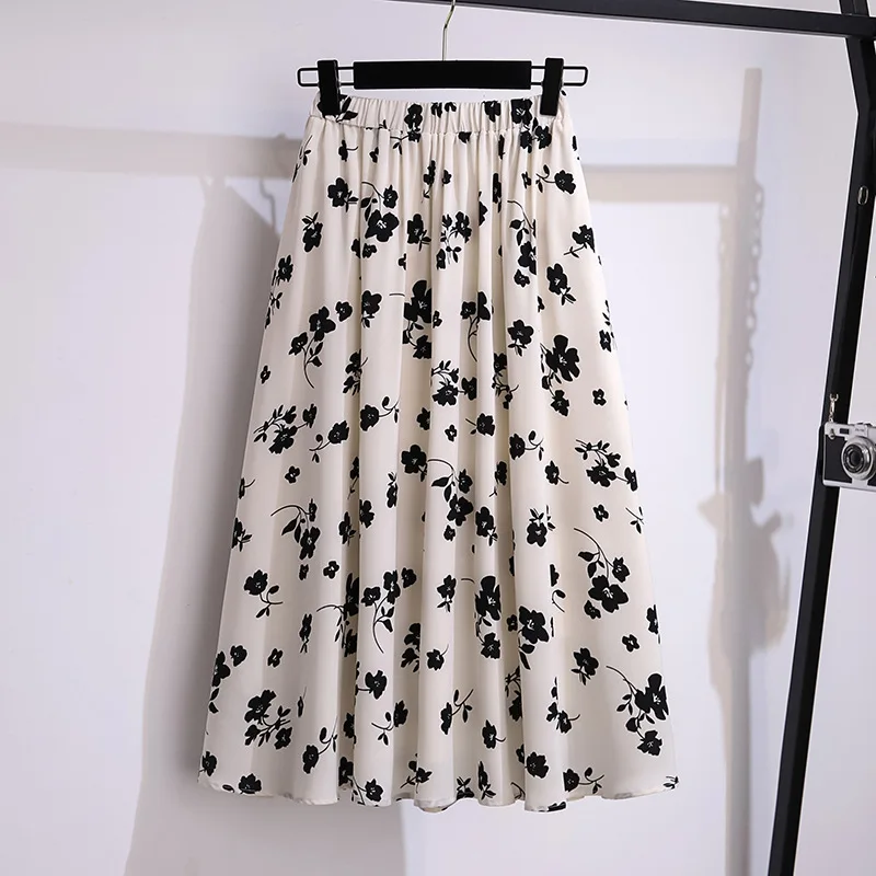 175Kg Plus Size Women\'s Summer Loose Floral Chiffon A-Line Skirt Hip 175 Apricot Black 5XL 6XL 7XL 8XL 9XL 10XL