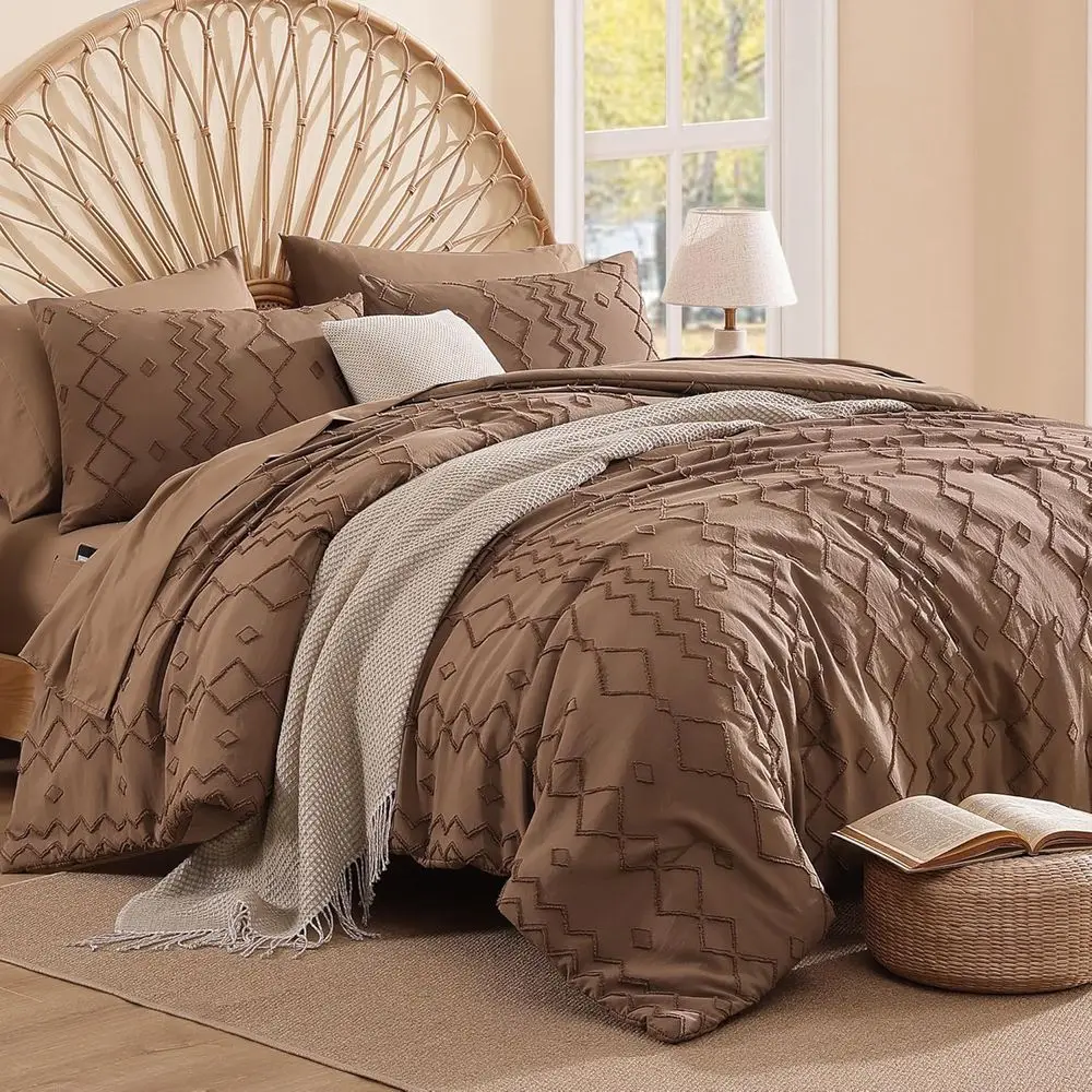 

Comorter Set Brown, Tuted Geometric Boho Bedding, All Season 7 Pieces Bed in a Bag with Sheets, Pillowcases & Shams