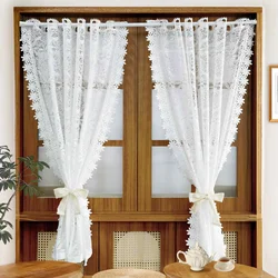 1PC White Hollow Lace Flower Short Curtains for Kitchen Small Windows Romantic Embroidery Semi Sheer Curtain Rod Pocket Drape