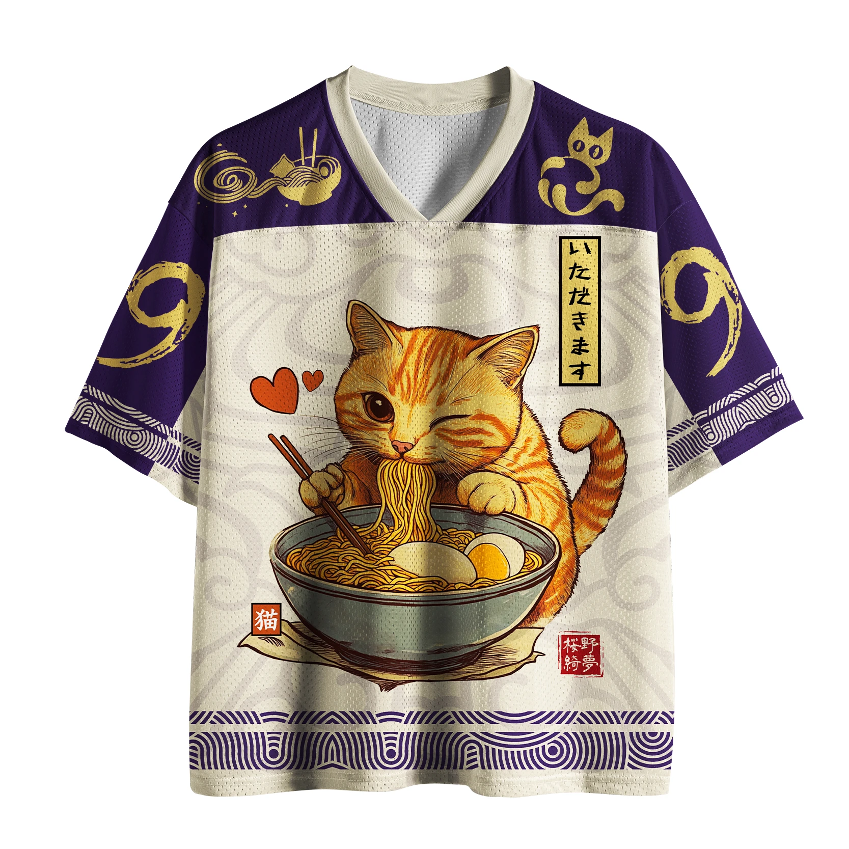Cute Orange Cat Eating Ramen T-shirt, Fun Japanese Food Art Short-sleeved Shirt, Harajuku Style Unisex Street Sportswear Top.