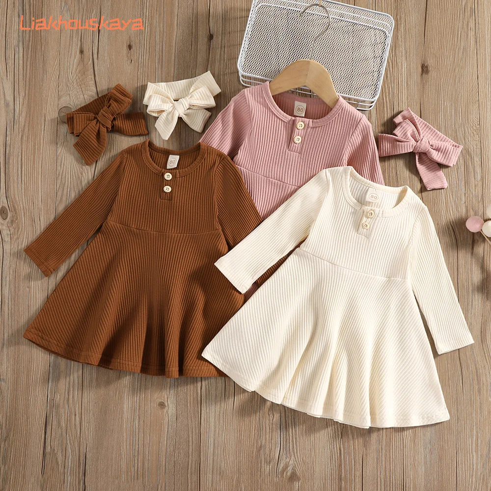 Ins Style 0-2 Years Baby Girl Dress Round Neck Snap Plain Casual Comfort Ribbed Long Sleeve Dress for Spring Autumn Cross-border